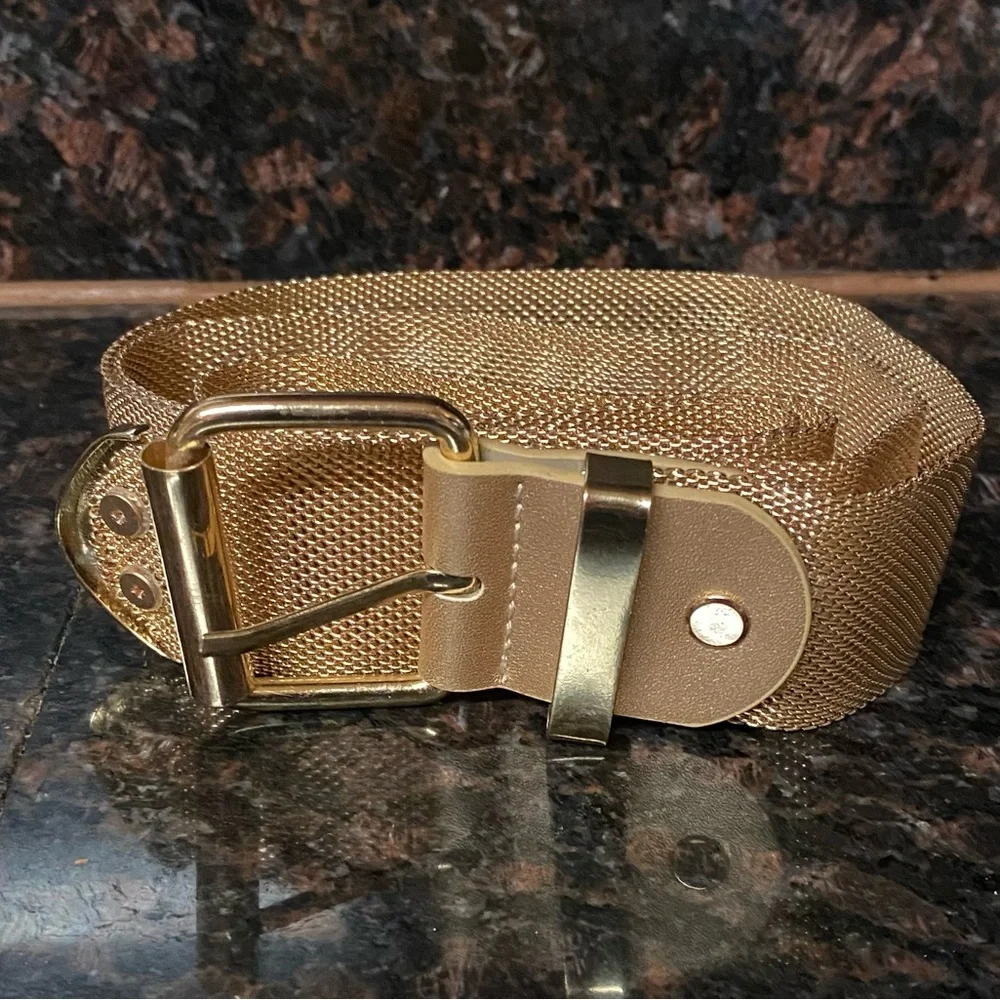90s Sheer Mesh Gold Tone Metal Steel Woven Slim Chain Ribbon Metallic Retro M/L